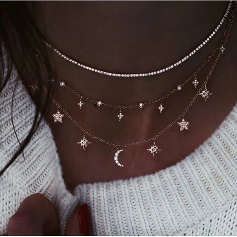 Crystal Heart Star Sun Moon Necklace