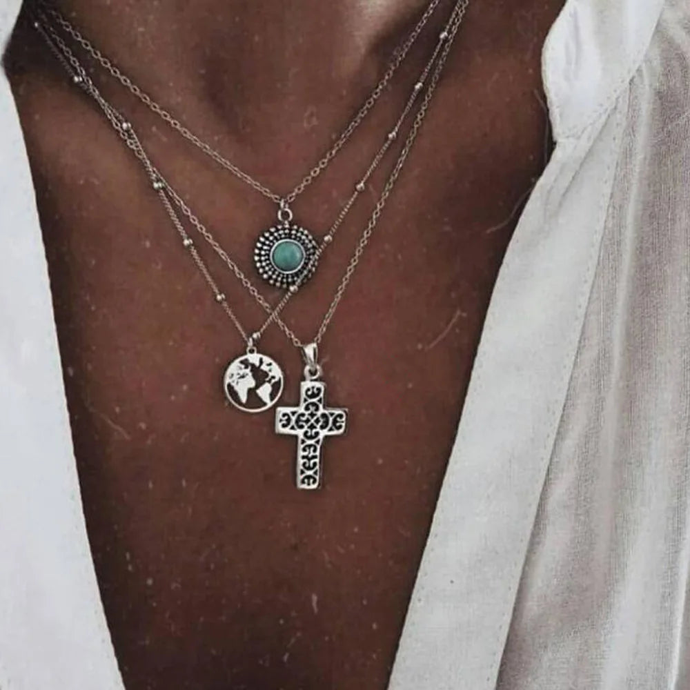 Multi layered Moon Cross Tree Star Pendant Statement