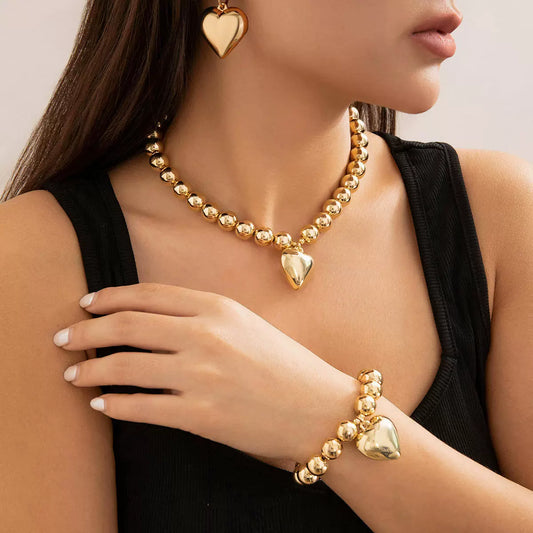 Imitation Pearl Beaded Heart Necklace & Bracelet Set