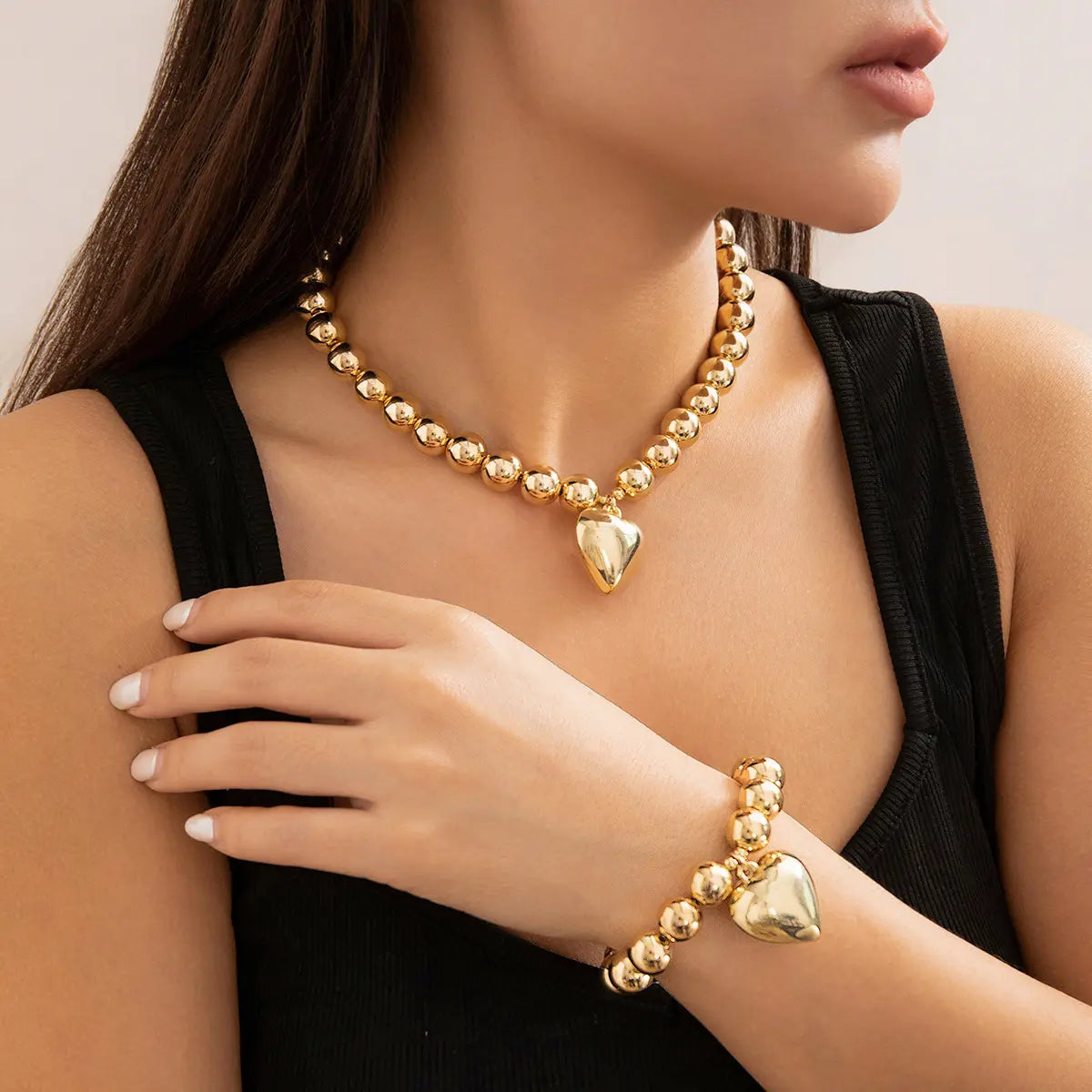 Imitation Pearl Beaded Heart Necklace & Bracelet Set