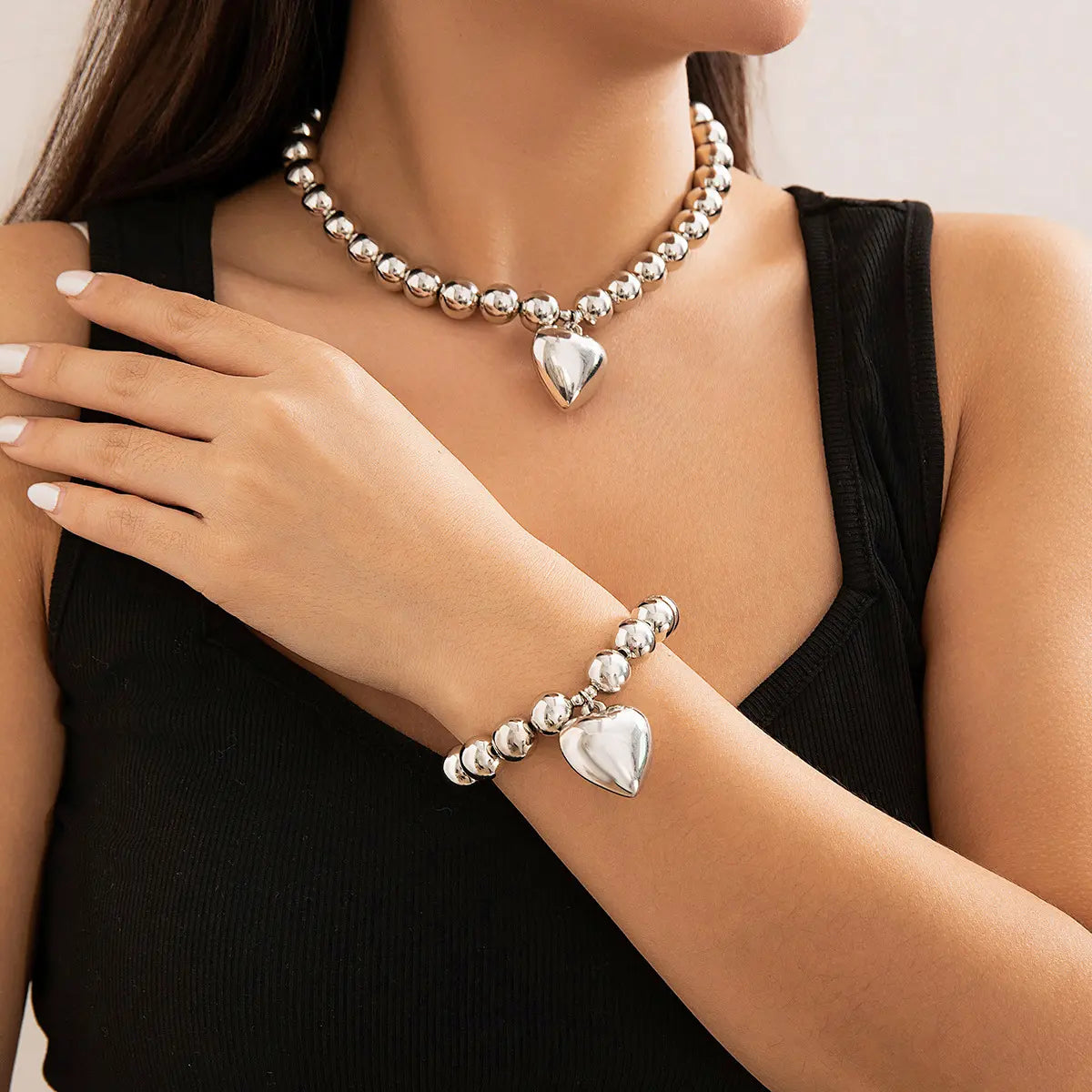Imitation Pearl Beaded Heart Necklace & Bracelet Set