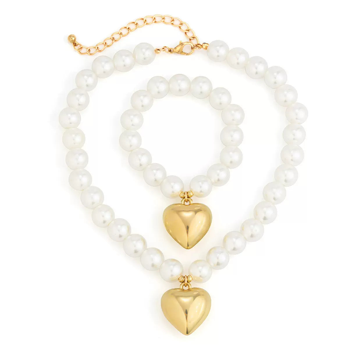 Imitation Pearl Beaded Heart Necklace & Bracelet Set