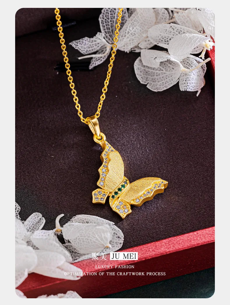 9999 24K real gold store same gold women's necklace set with diamonds, butterfly beautiful jewelry