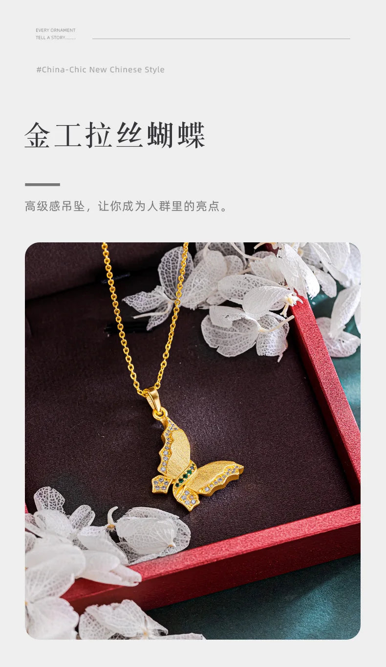 9999 24K real gold store same gold women's necklace set with diamonds, butterfly beautiful jewelry
