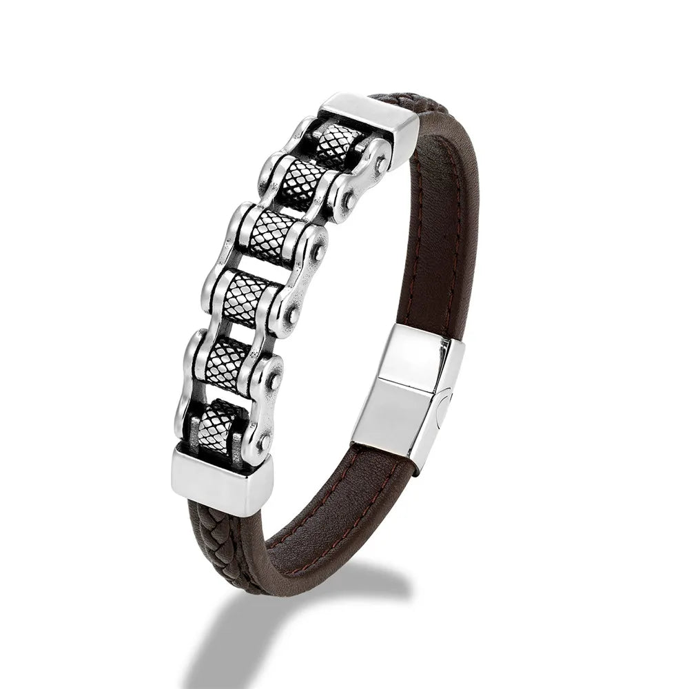 Biker Chain Braided Genuine Leather/ Stainless Steel
