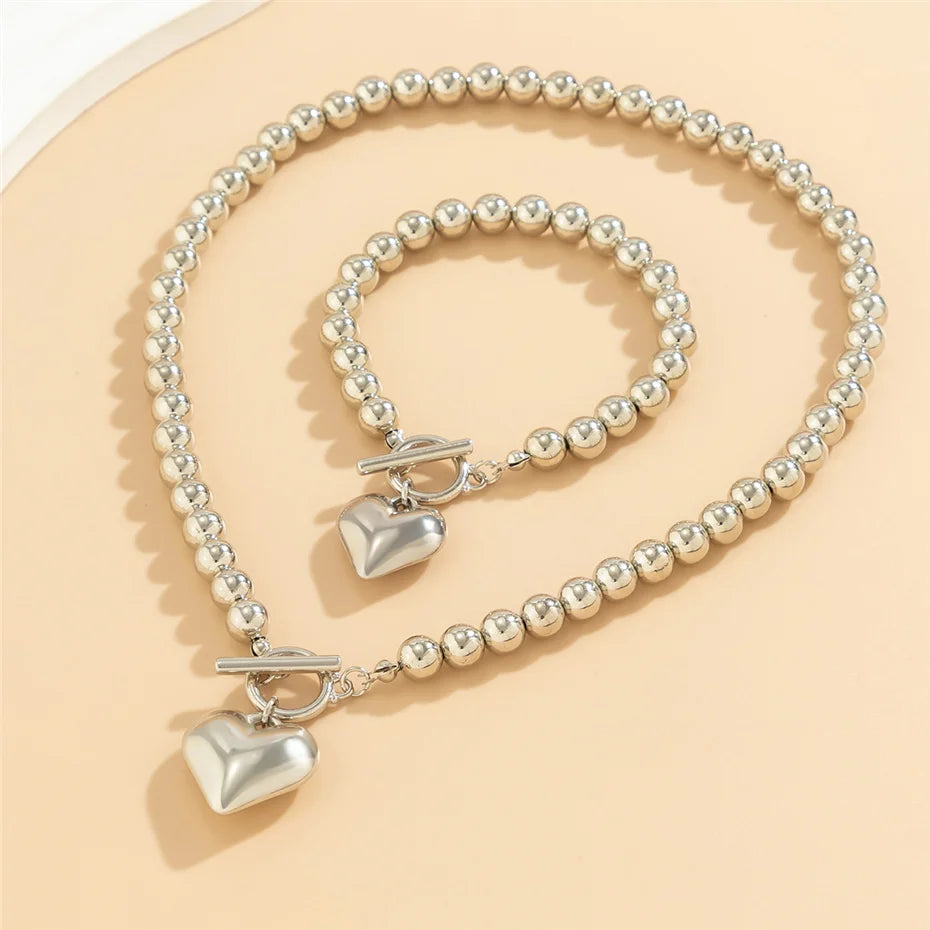 Love Heart Choker Necklace and Bracelets Set