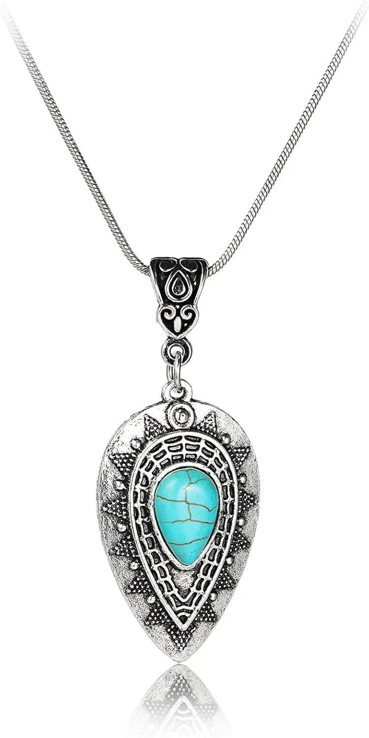 Natural Turquoise Boho Bead Silver Necklace