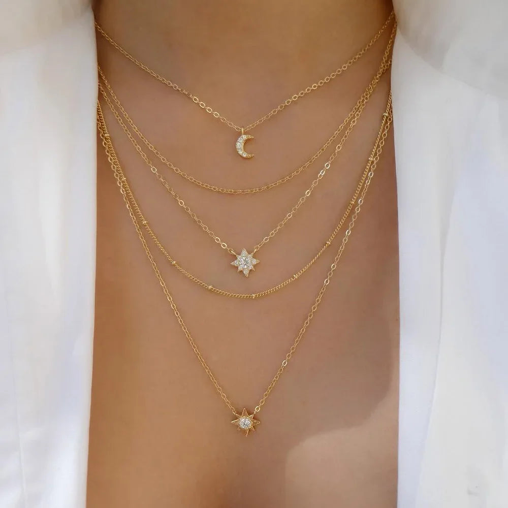 Gold Multi-Layer Crystal Pendant Necklaces
