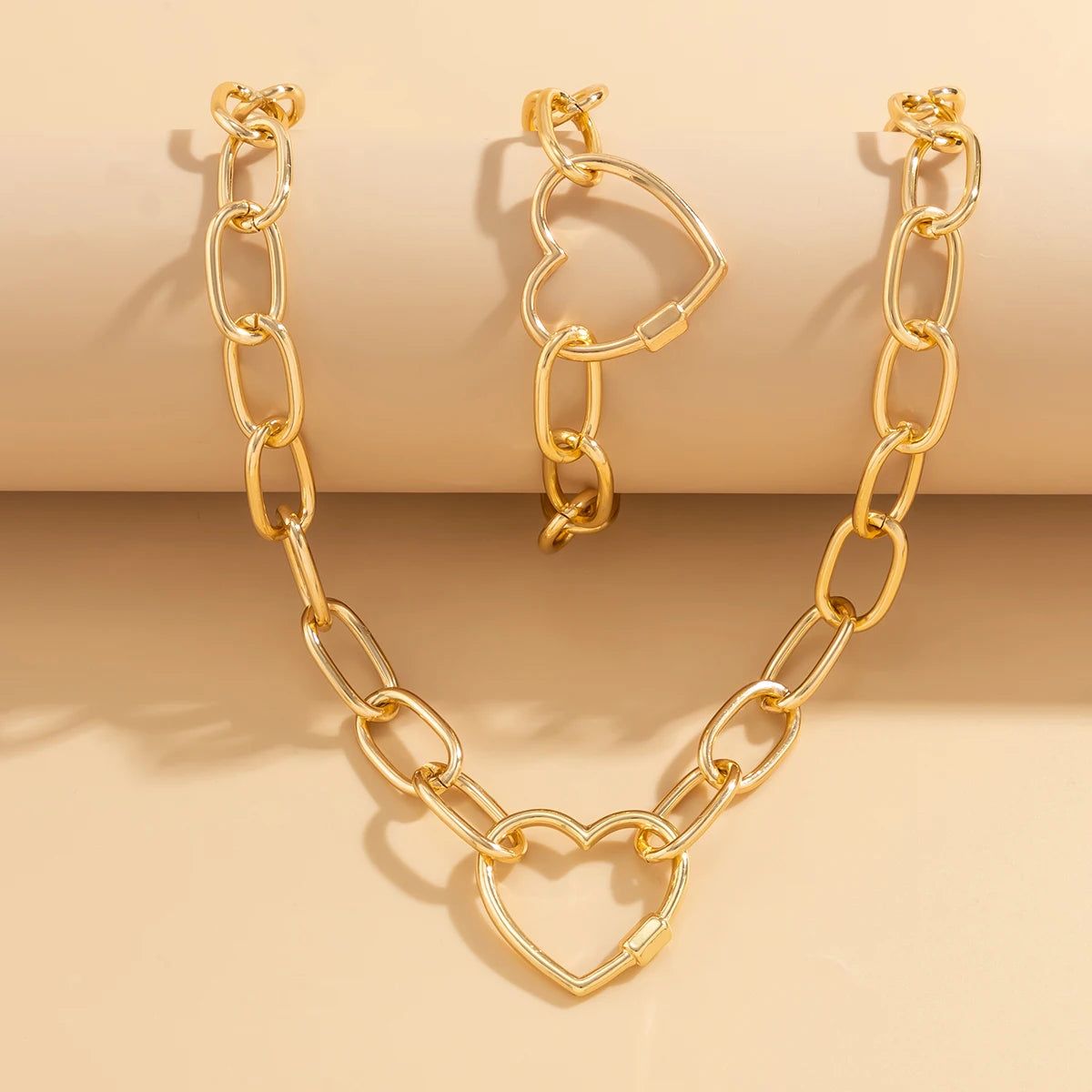 2Pcs Vintage Heart Necklace & Bracelets Jewelry Set