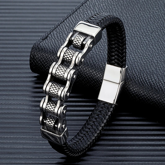 Biker Chain Braided Genuine Leather/ Stainless Steel