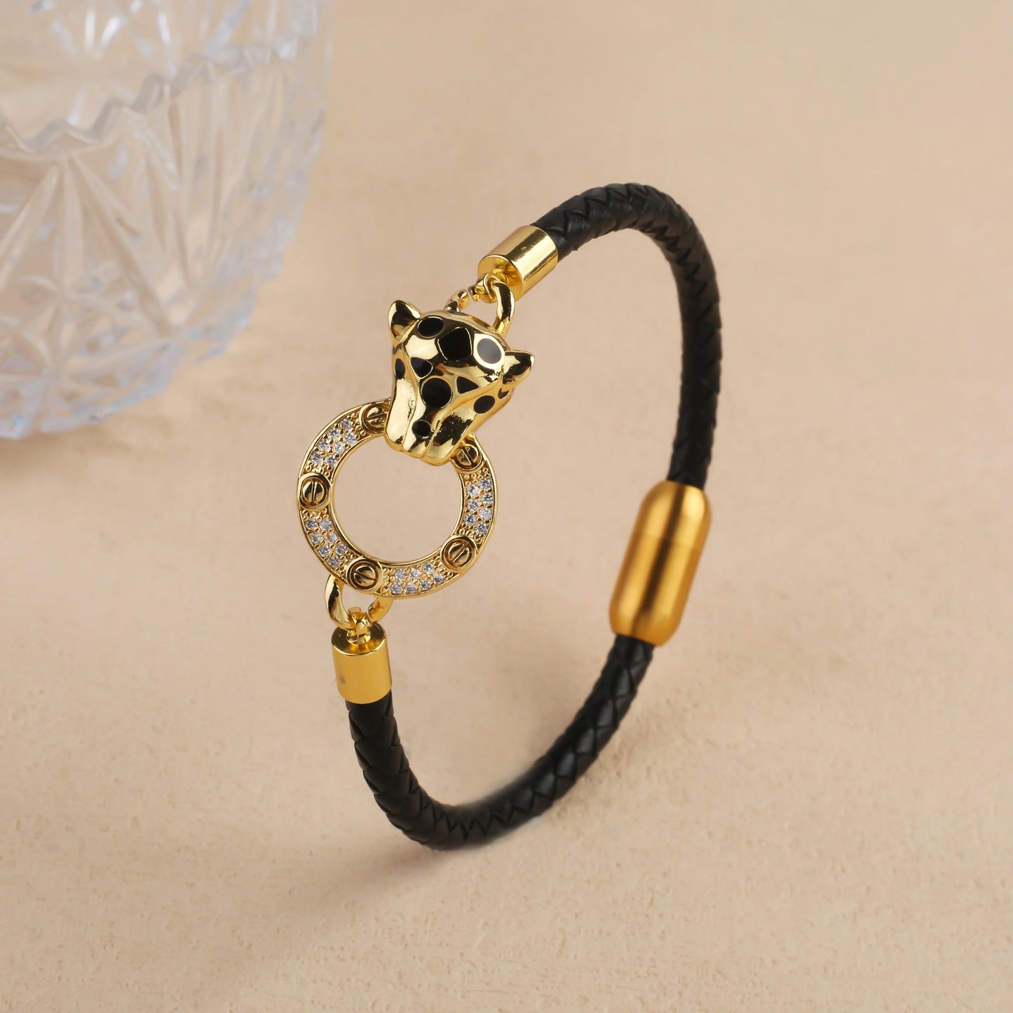 Leopard Head Braided Stainless Steel Zirconia Jewelry