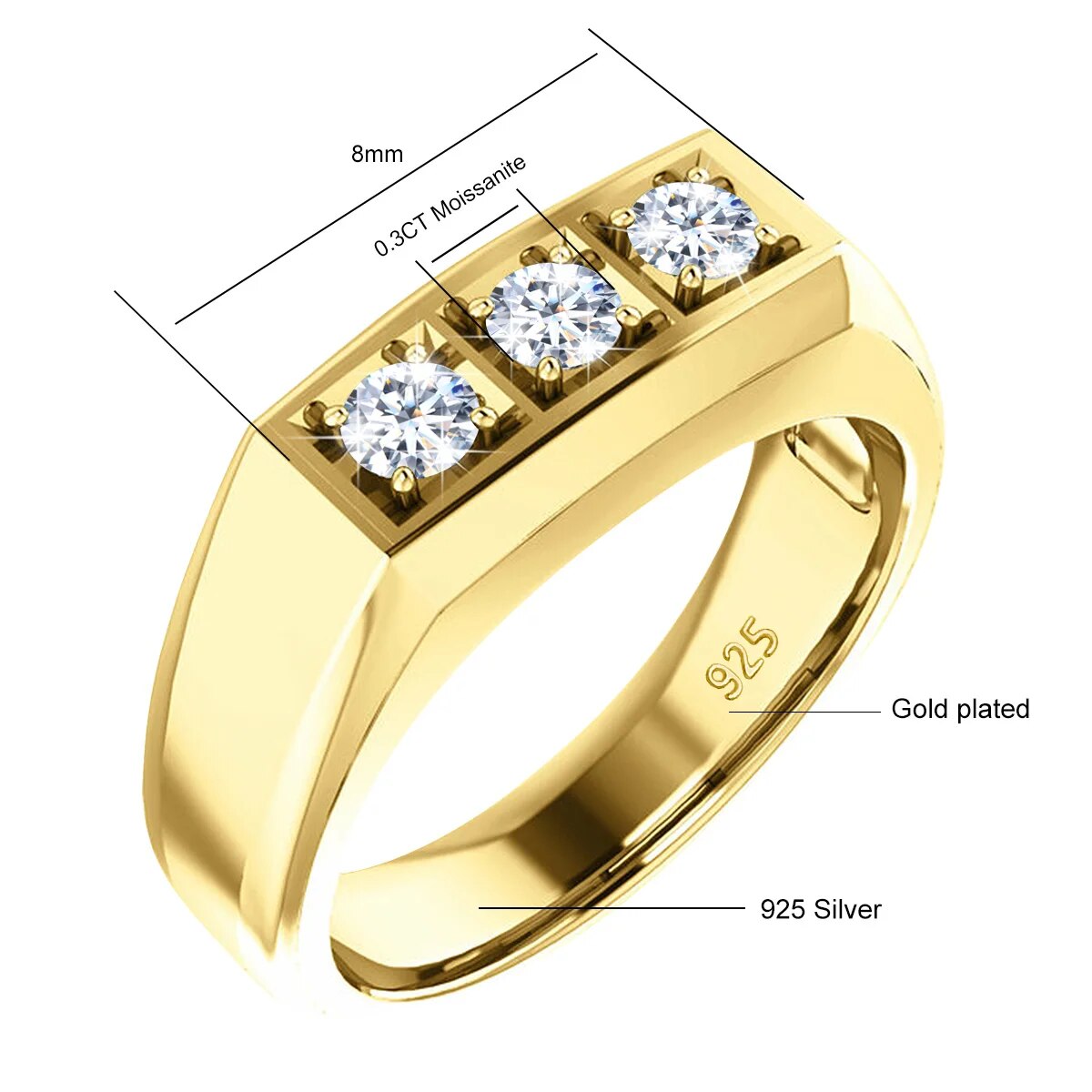 Thick 3 Stone Moissanite 925 18K Gold Plated