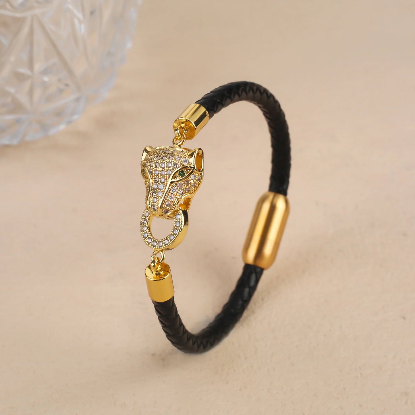 Leopard Head Braided Stainless Steel Zirconia Jewelry