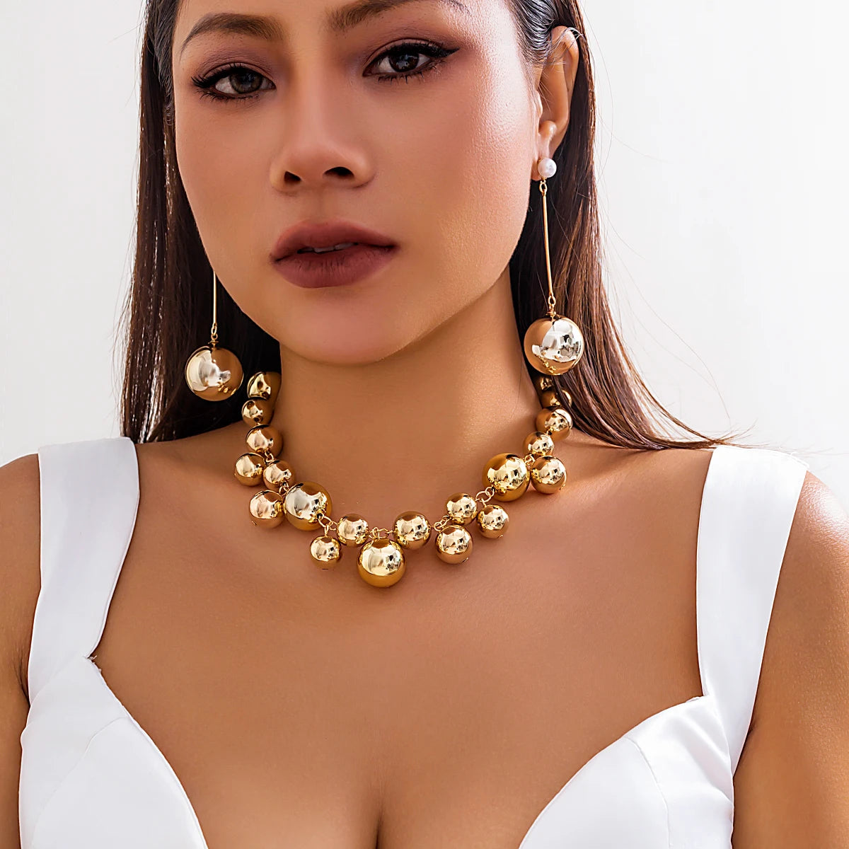 Ball Bead Chain Necklace & Drop Earrings