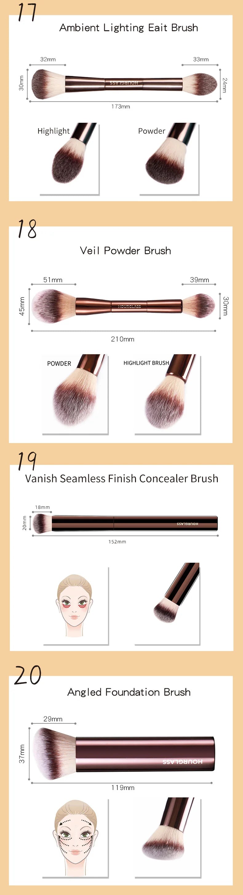 Hourglass Makeup Brushes Powder Foundation | Concealer | Blusher Bronzer | Eye Shadow |Eyebrow Brush