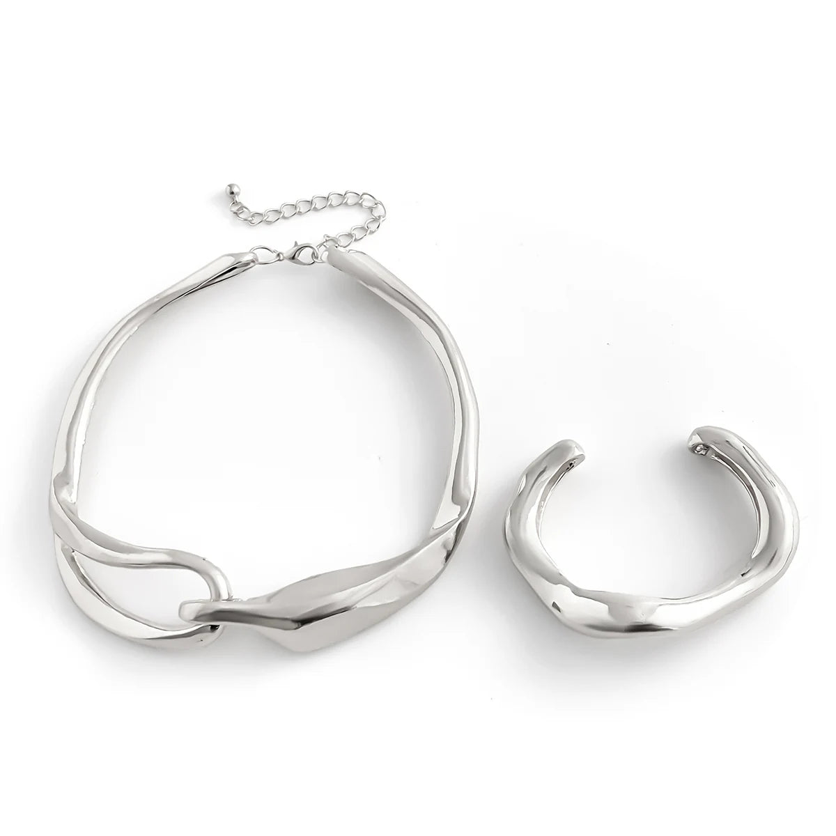 2Pcs Exaggerated Irregular Open Cuff Bangle Necklace Jewelry Set