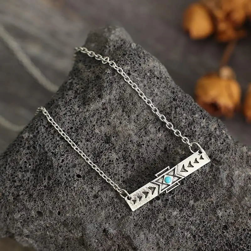 Natural Turquoise Boho Bead Silver Necklace
