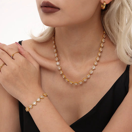 Heart Round Stainless Steel Necklace & Bracelet Zircon Gold Plated