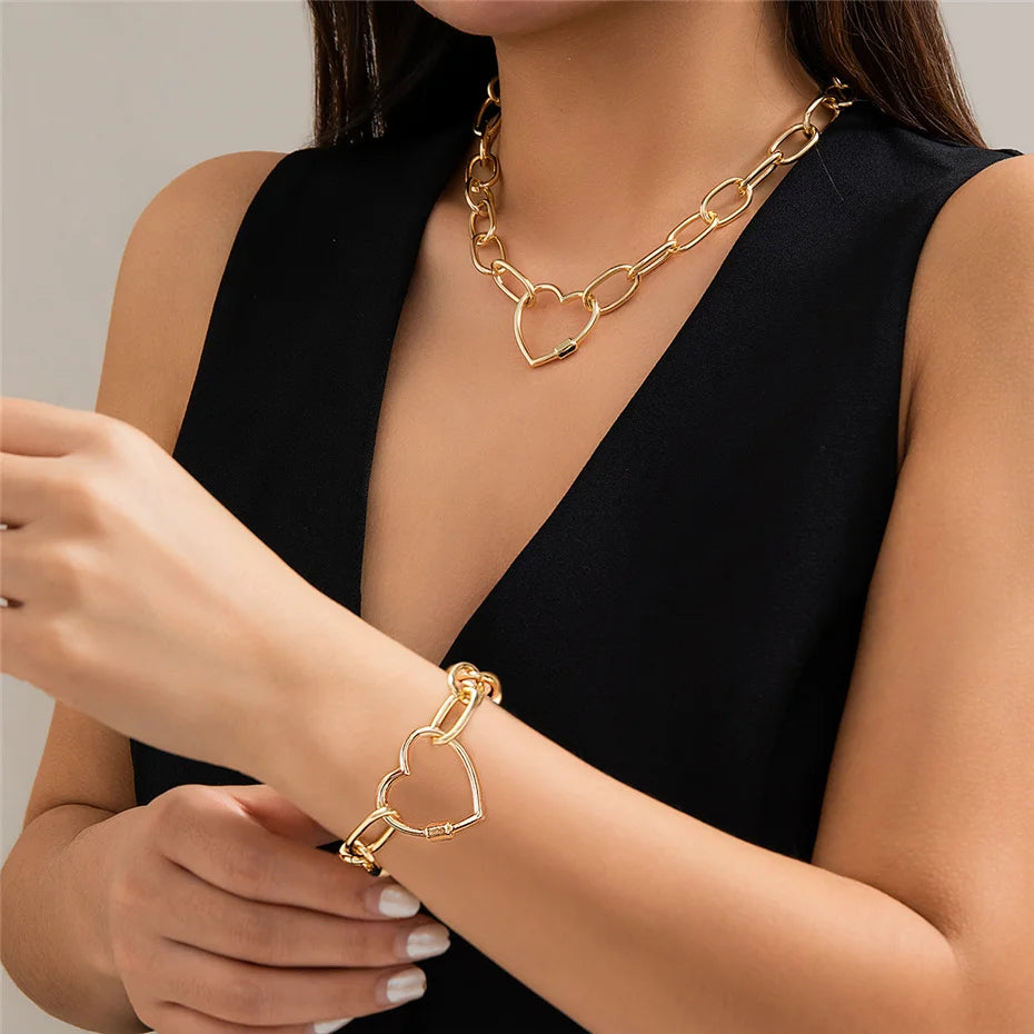 2Pcs Vintage Heart Necklace & Bracelets Jewelry Set