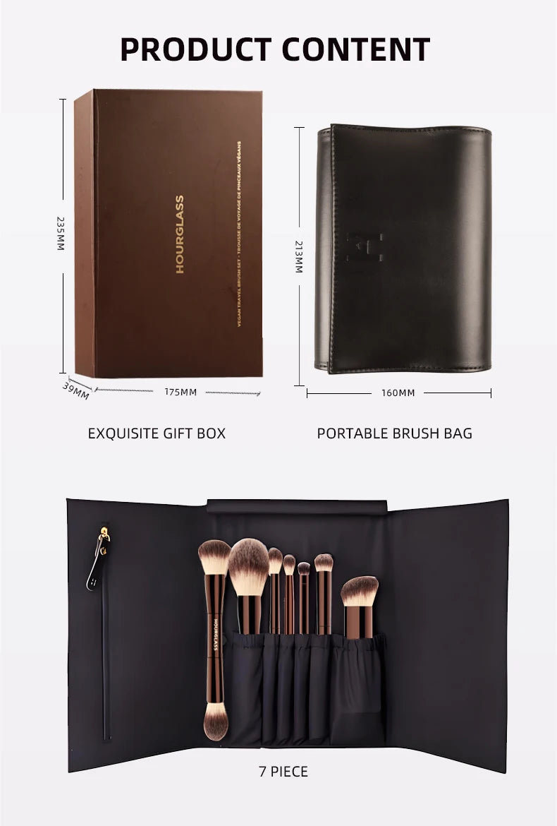 Vegan brush travel brush set includes 7 brushes for the eye and face with a bag gift box packaging