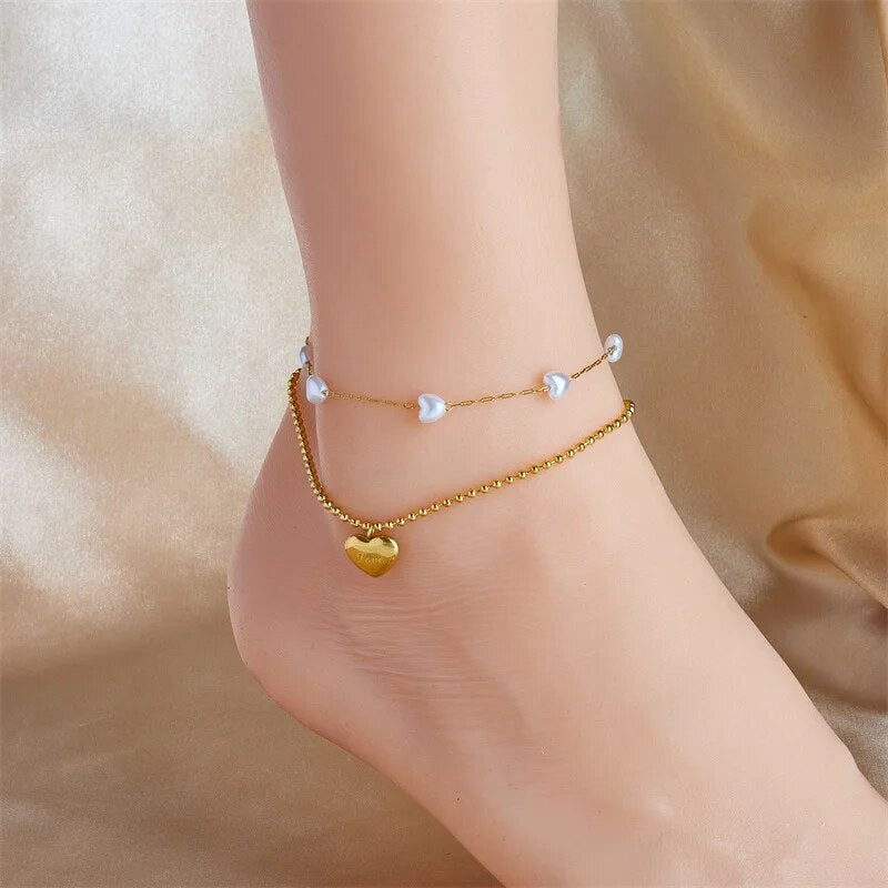 316L Stainless Steel 2-Layer Heart Pearl Charm Anklets