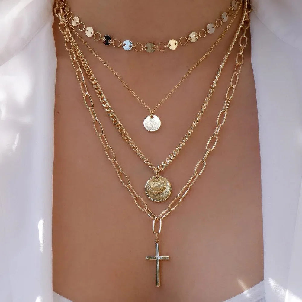 Gold Multi-Layer Crystal Pendant Necklaces