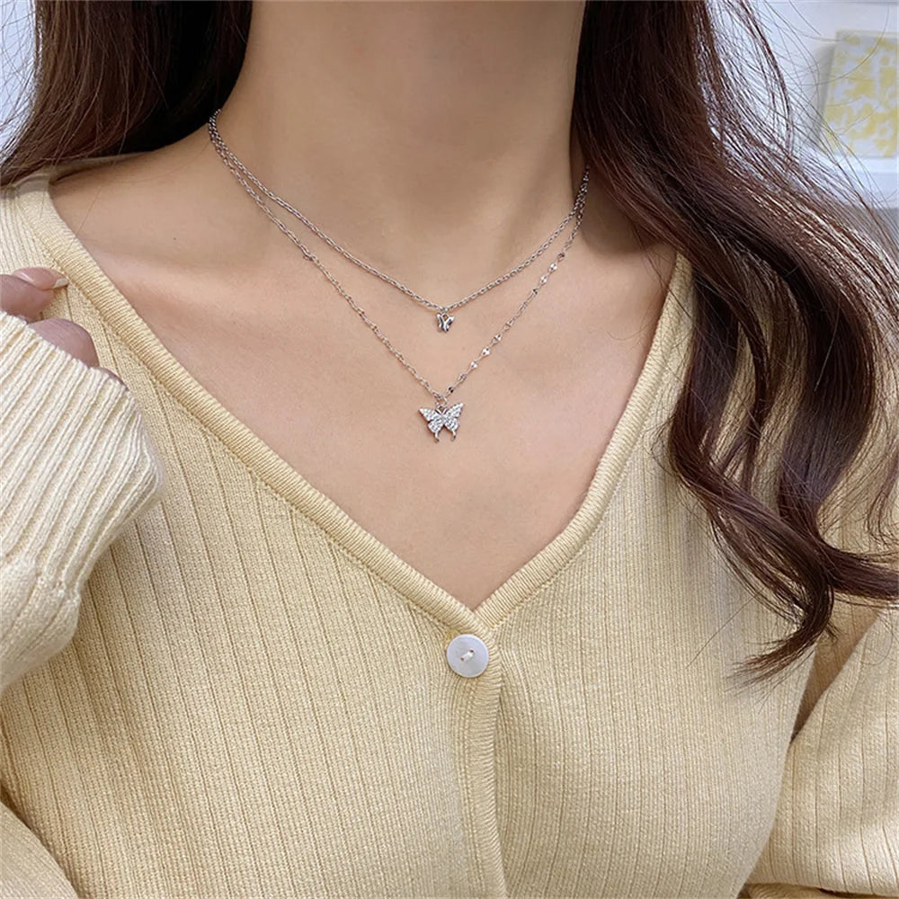 Shiny Butterfly Exquisite Double Layer Necklace