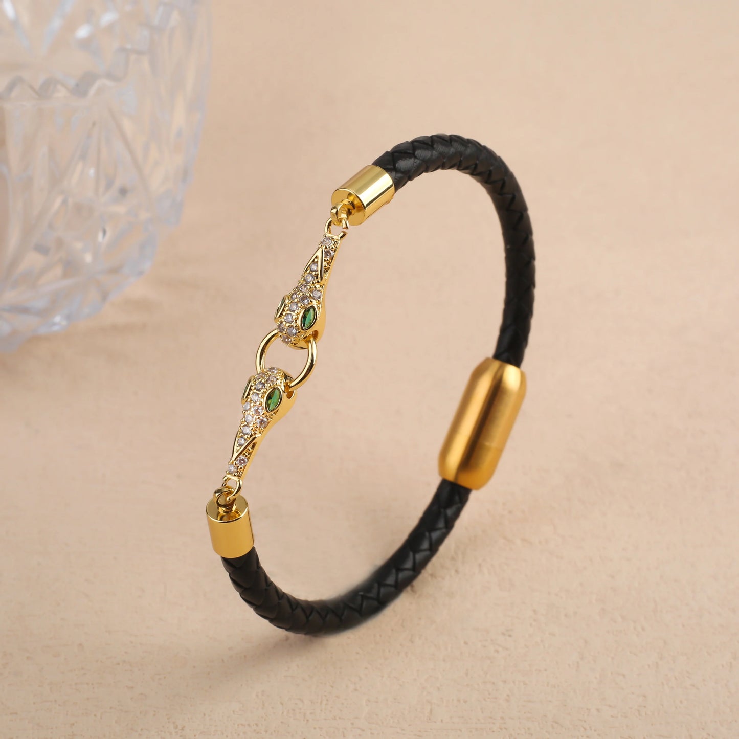Leopard Head Braided Stainless Steel Zirconia Jewelry