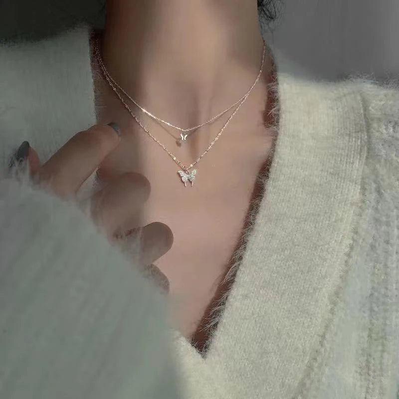 Shiny Butterfly Exquisite Double Layer Necklace