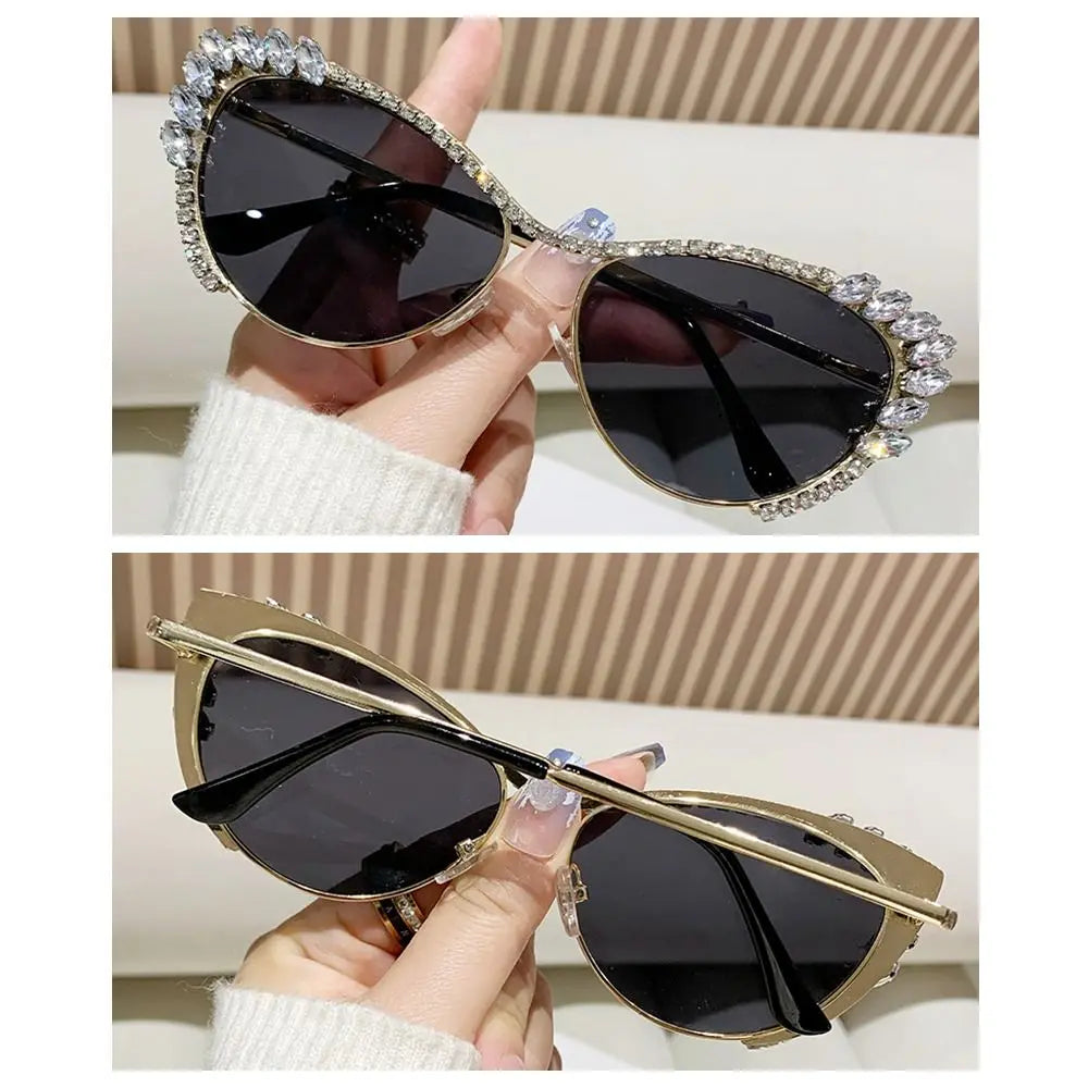 Cat-Eye Rhinestone Embellished Metal Sunglasses