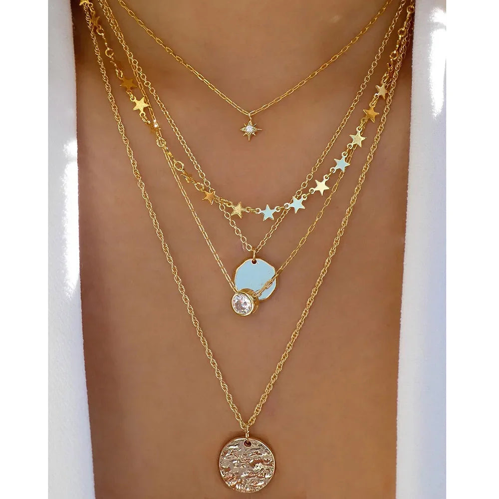 Gold Multi-Layer Crystal Pendant Necklaces