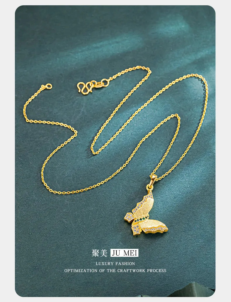 9999 24K real gold store same gold women's necklace set with diamonds, butterfly beautiful jewelry