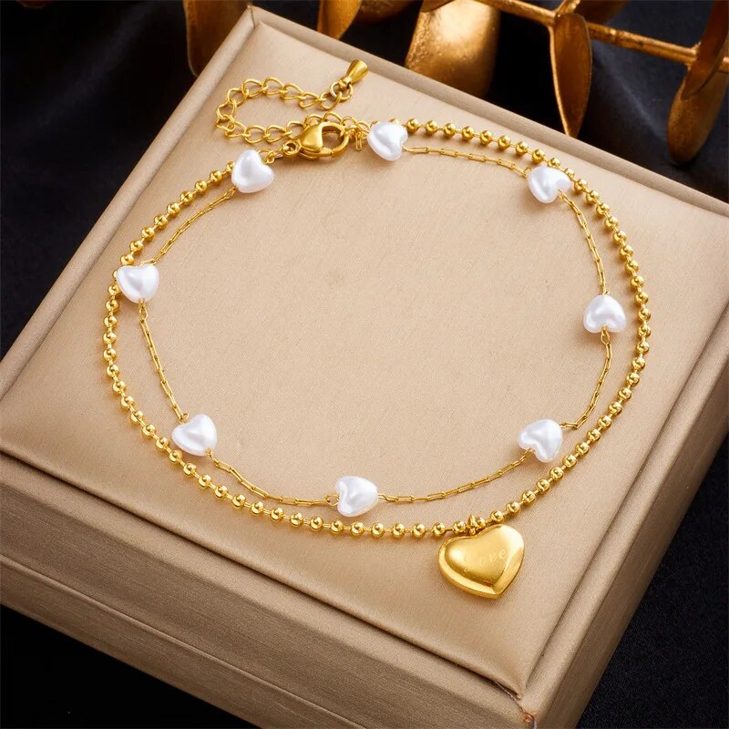 316L Stainless Steel 2-Layer Heart Pearl Charm Anklets