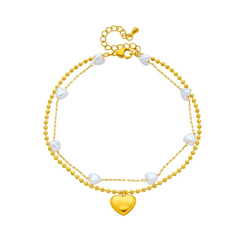 316L Stainless Steel 2-Layer Heart Pearl Charm Anklets