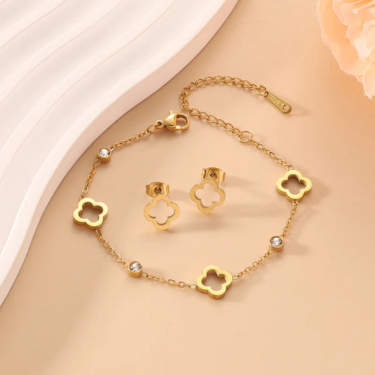 Stainless Steel Flower Bracelet & Earrings Set