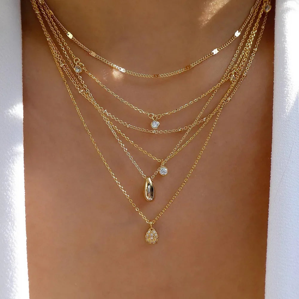 Gold Multi-Layer Crystal Pendant Necklaces