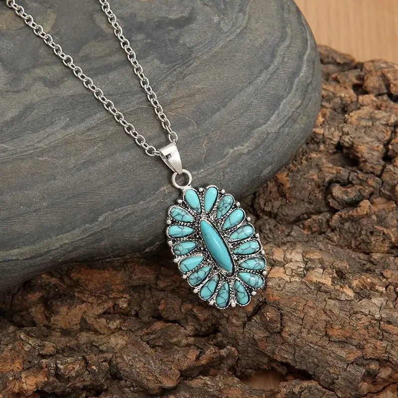Natural Turquoise Boho Bead Silver Necklace