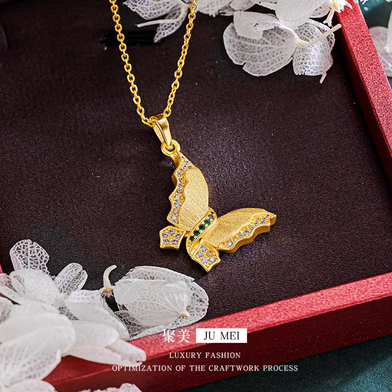 9999 24K real gold store same gold women's necklace set with diamonds, butterfly beautiful jewelry