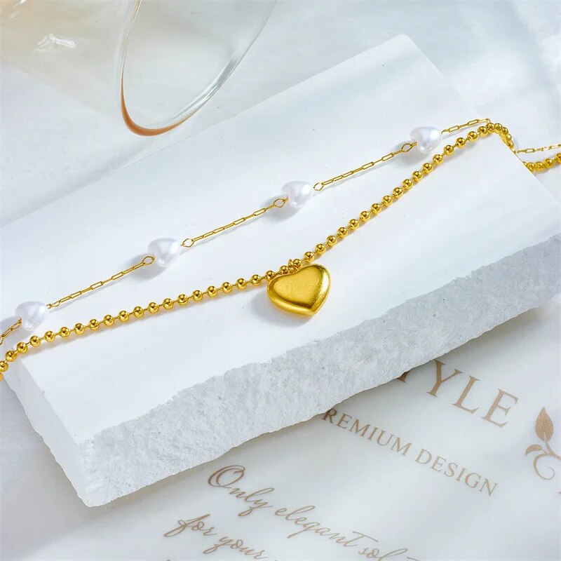 316L Stainless Steel 2-Layer Heart Pearl Charm Anklets