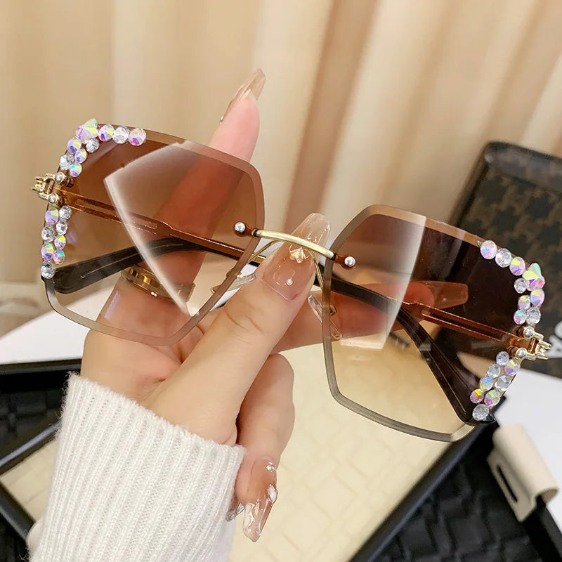 Fashionable square frameless glasses with crystal decoration