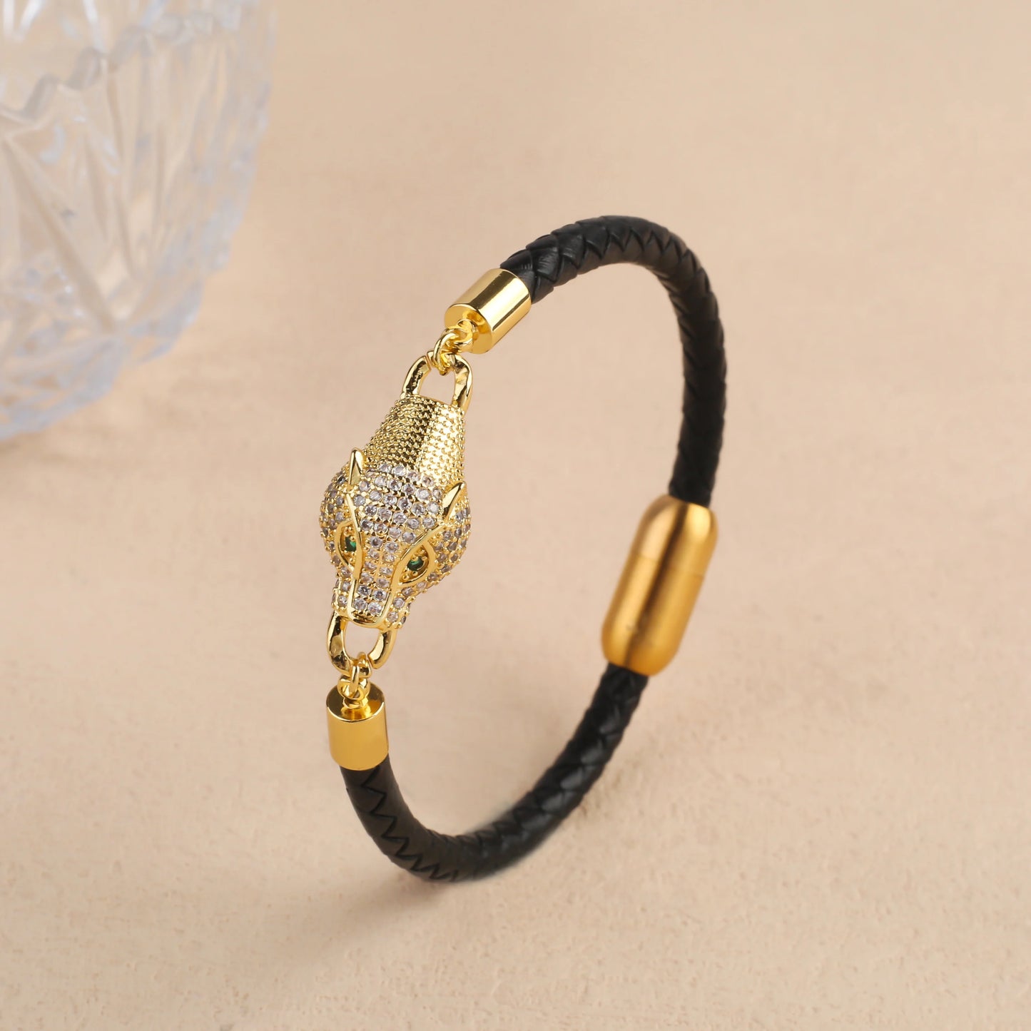 Leopard Head Braided Stainless Steel Zirconia Jewelry