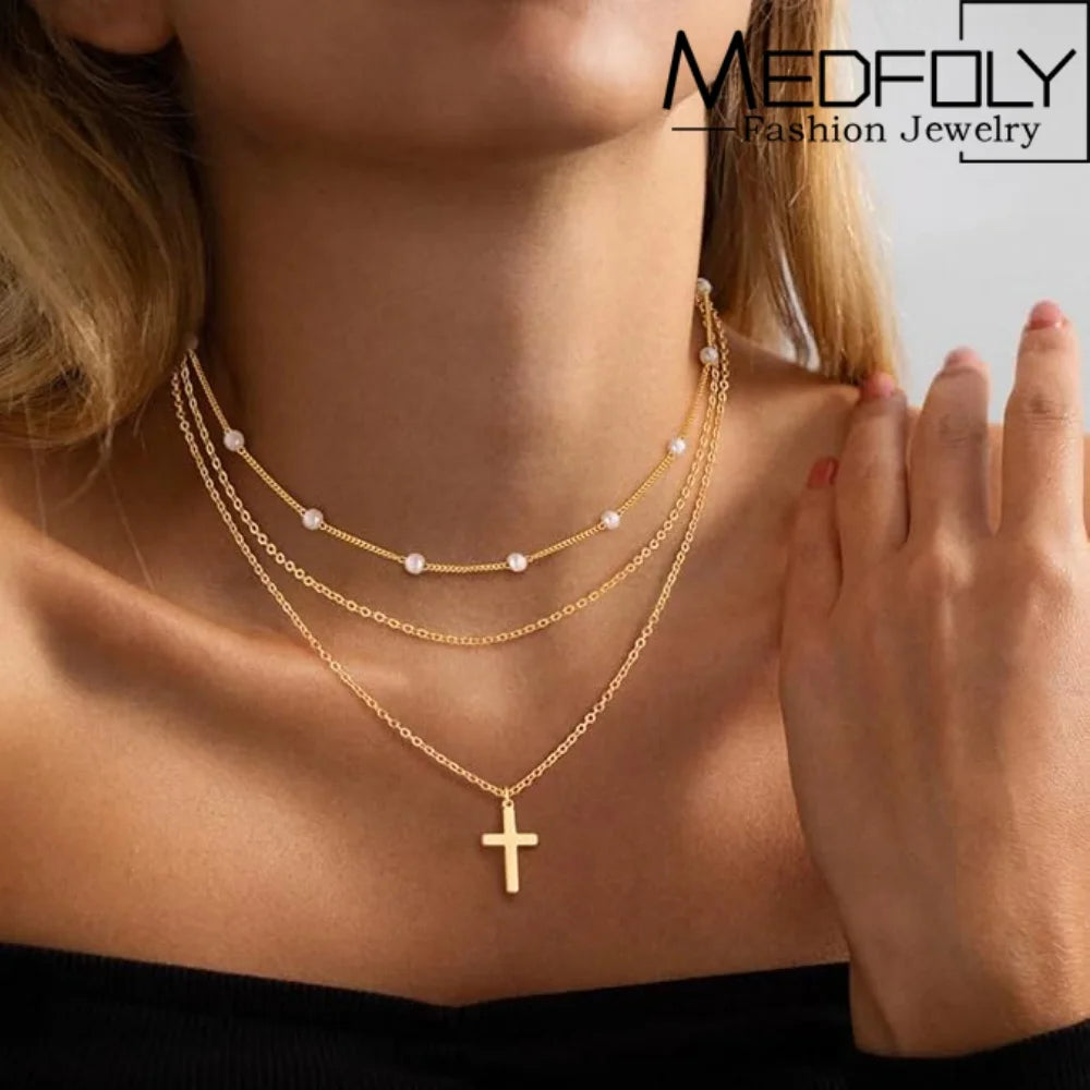 Layered 14K Gold Plated Pearl Cuban Necklace
