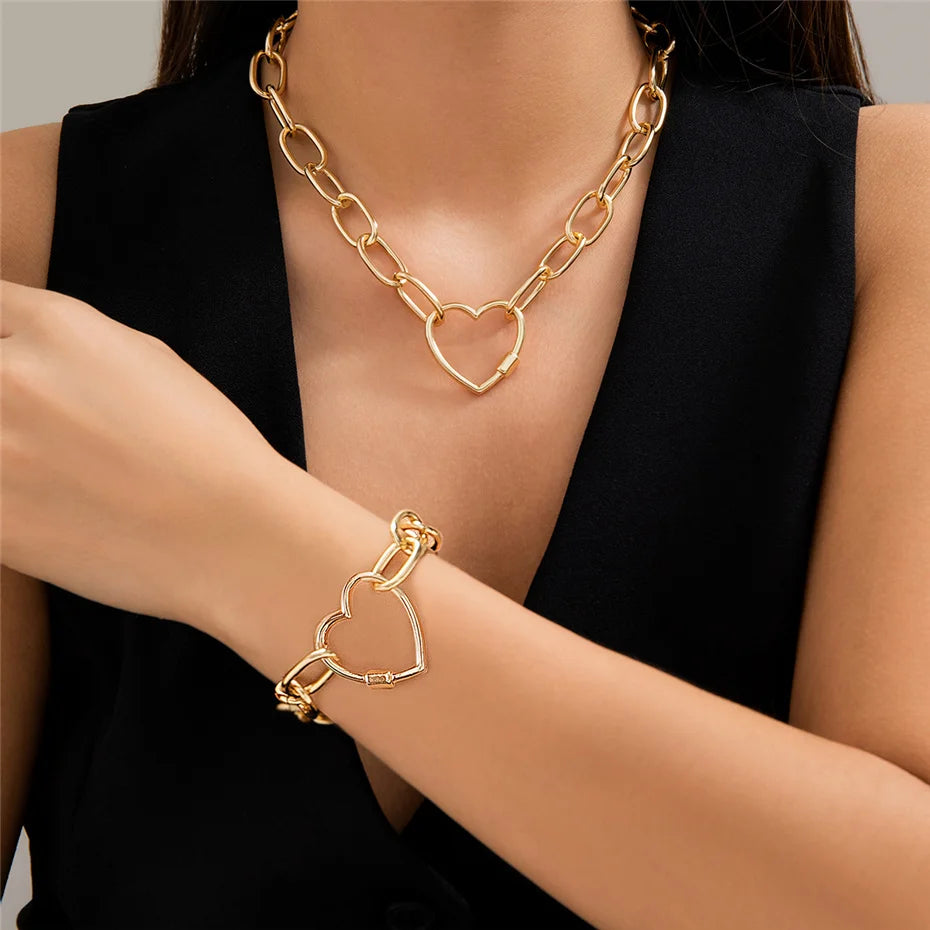2Pcs Vintage Heart Necklace & Bracelets Jewelry Set