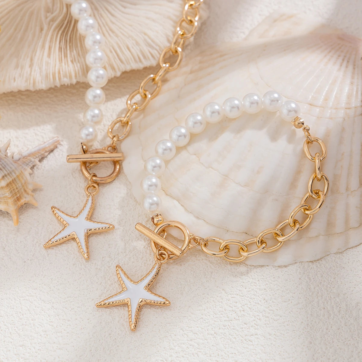2Pcs Starfish OT Buckle Pendant Necklace Jewelry Set