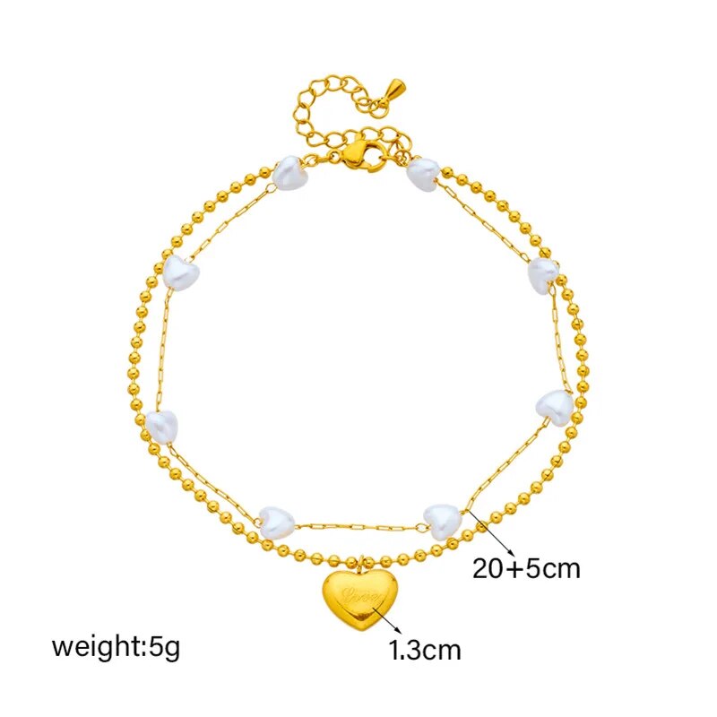 316L Stainless Steel 2-Layer Heart Pearl Charm Anklets