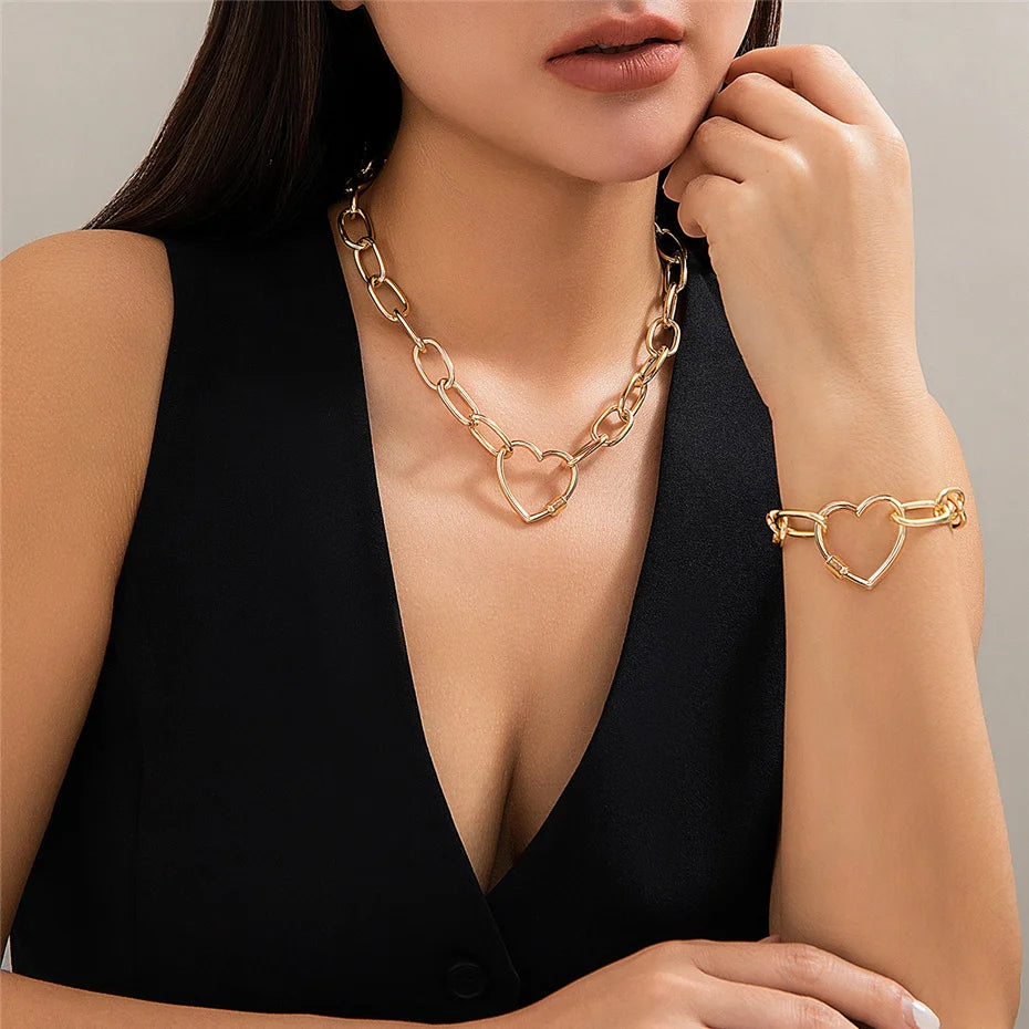 2Pcs Vintage Heart Necklace & Bracelets Jewelry Set