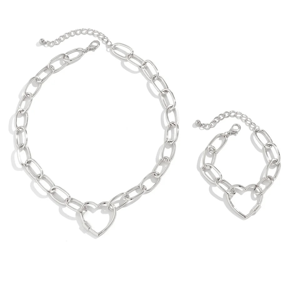 2Pcs Vintage Heart Necklace & Bracelets Jewelry Set