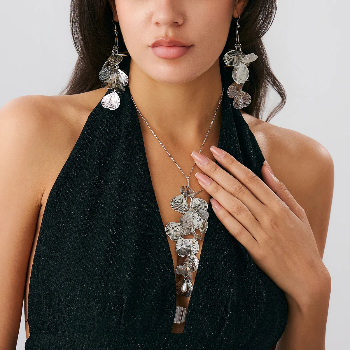 Petal Flower Pendant Necklace & Piercing Drop Earrings