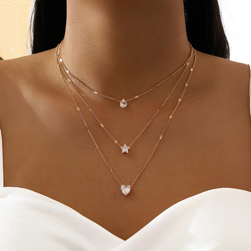Charm Gold Luxury Multi-layered Zircon Heart Pendant Necklace