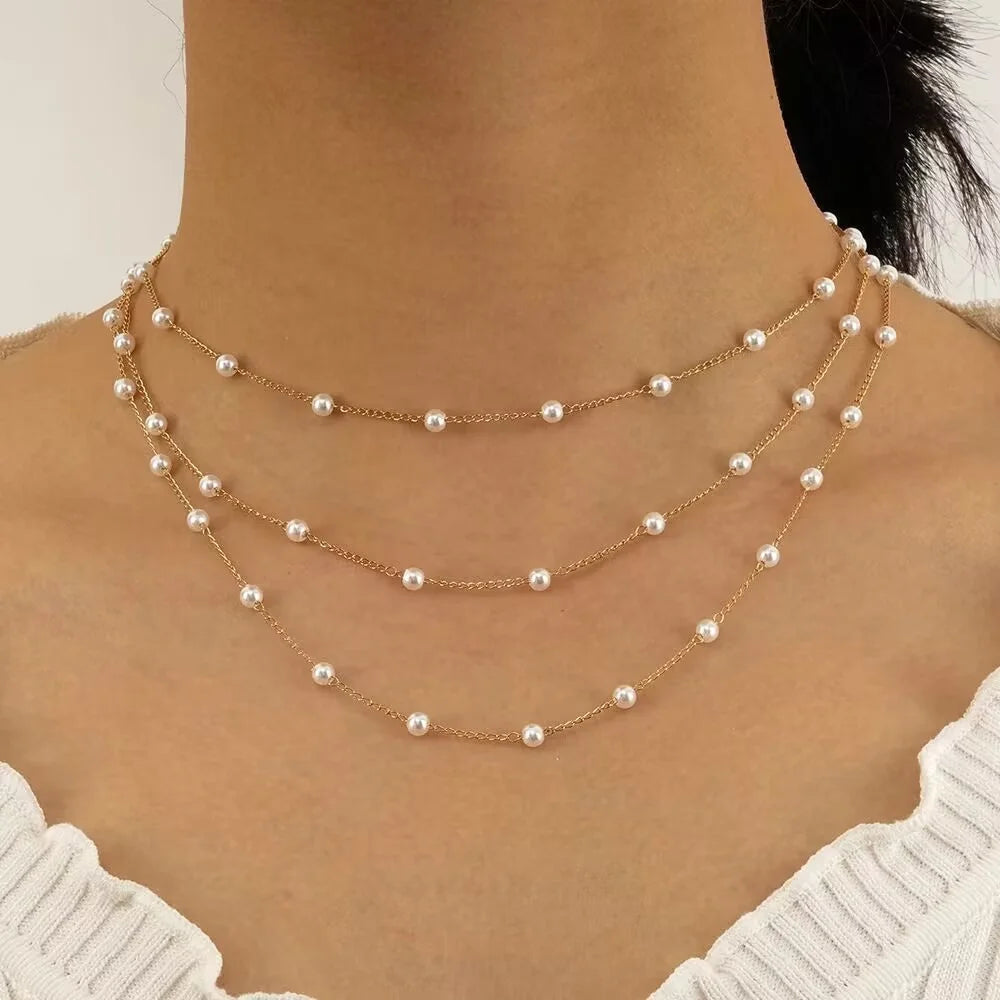 Gold-plate Artificial Pearl Chain Necklace Jewelry